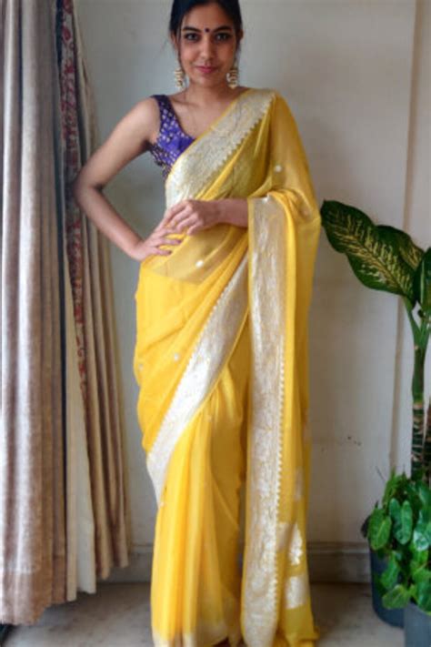 aunty transparent saree|Georgette Yellow Chiffon Saree